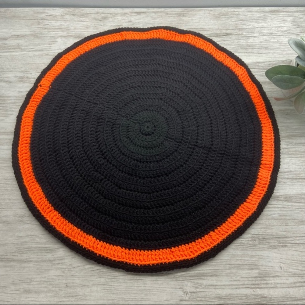Black Orange Knit Round Table Topper Doily Runner 22 1/2” Handmade Knitted